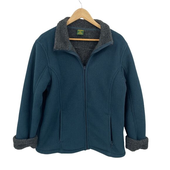 Cabelas Sweater Jacket Mens‎ Large Blue Green Ribbed Fleece Lined Pockets - Picture 1 of 9